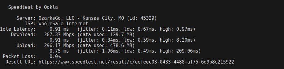 screenshot of Network Speed test results
