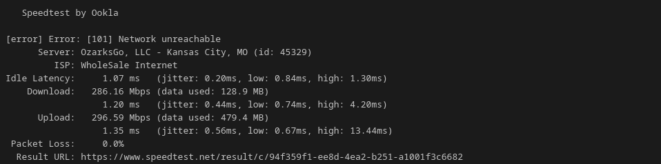 screenshot of Network Speed test results