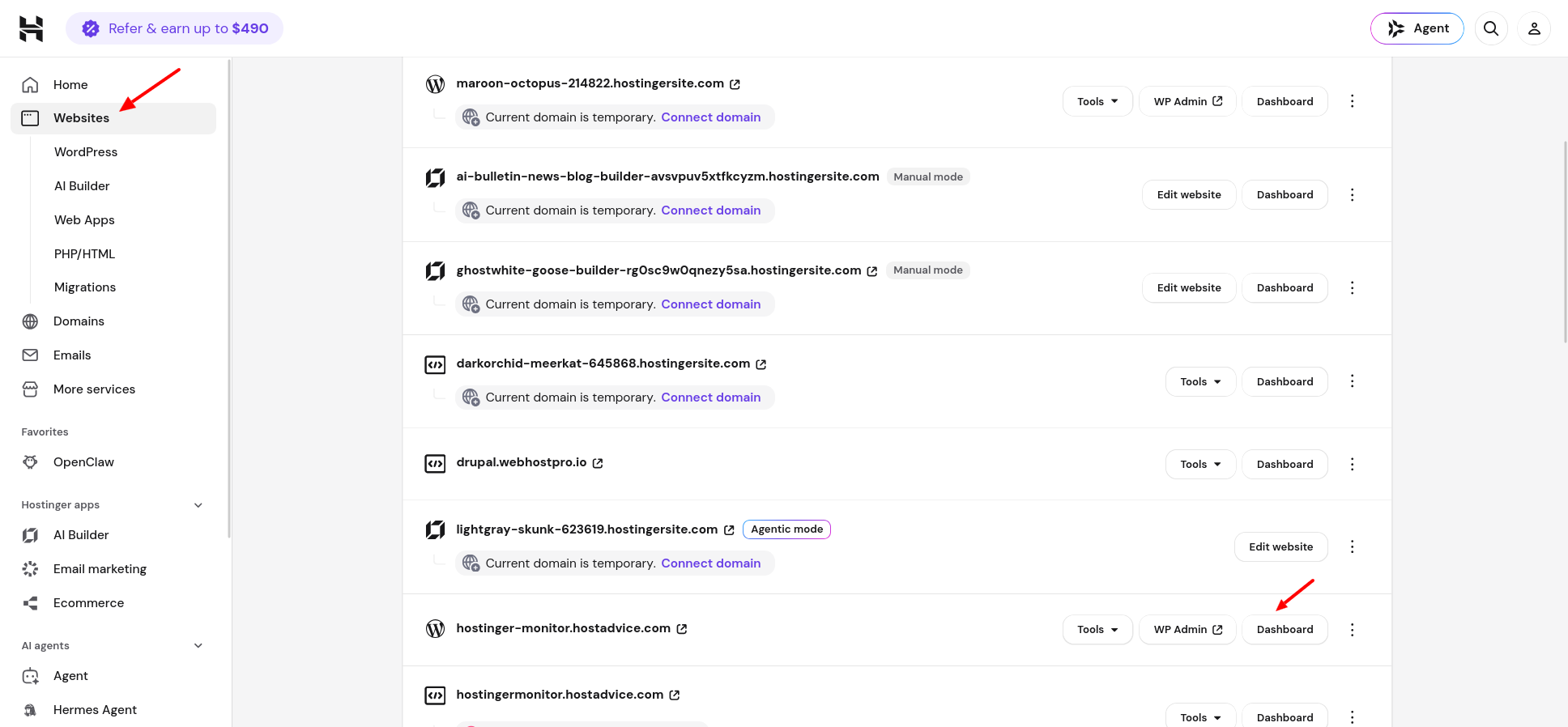 Hostinger hPanel Websites dashboard showing the Dashboard button used to access site backups