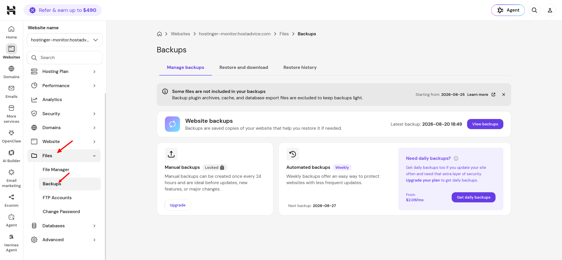 Hostinger hPanel Files and Backups page showing the Manage backups section