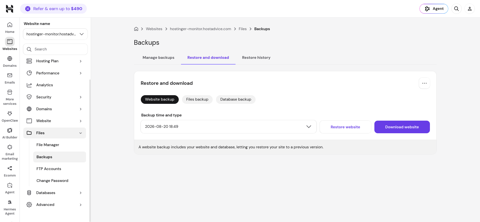 Hostinger Restore and download tab showing Website backup, Files backup, and Database backup restore options