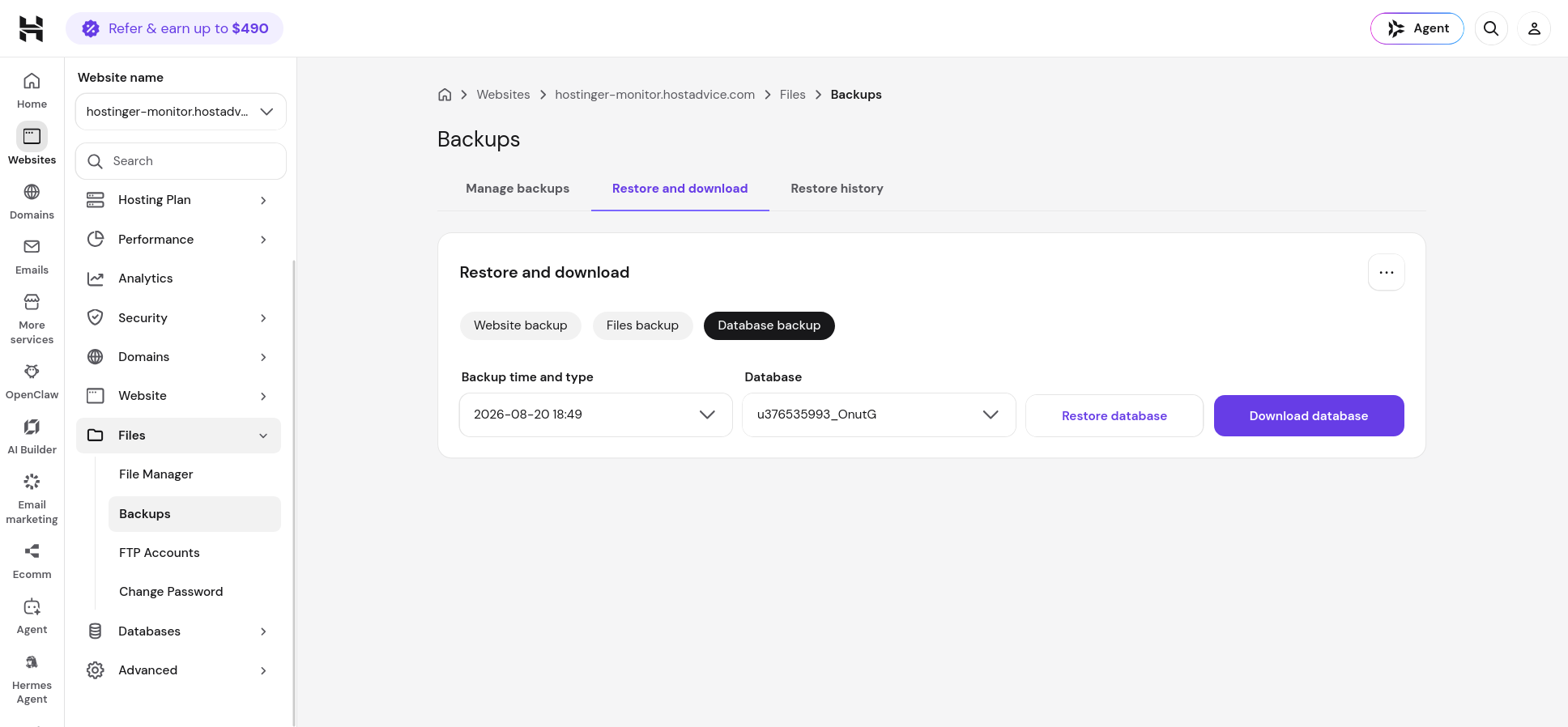 Hostinger database backup restore screen with database selection and restore or download options