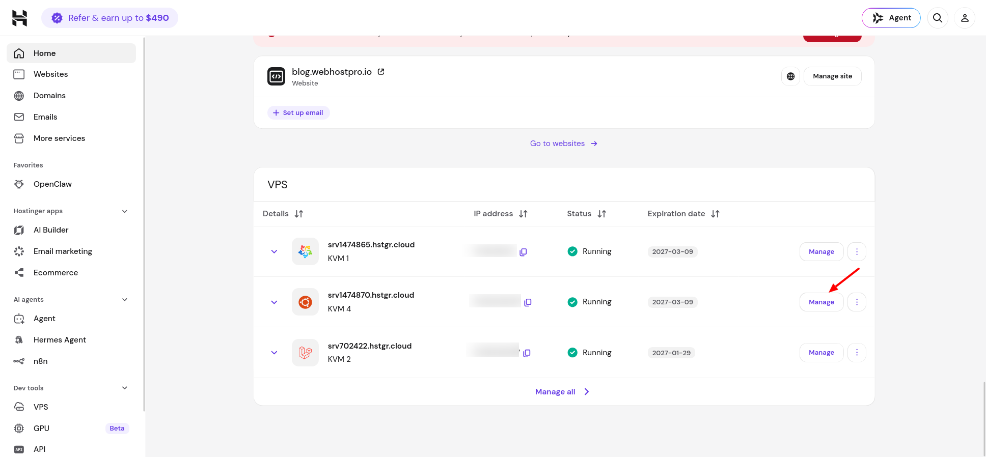 Hostinger VPS dashboard showing the Manage button for a VPS instance