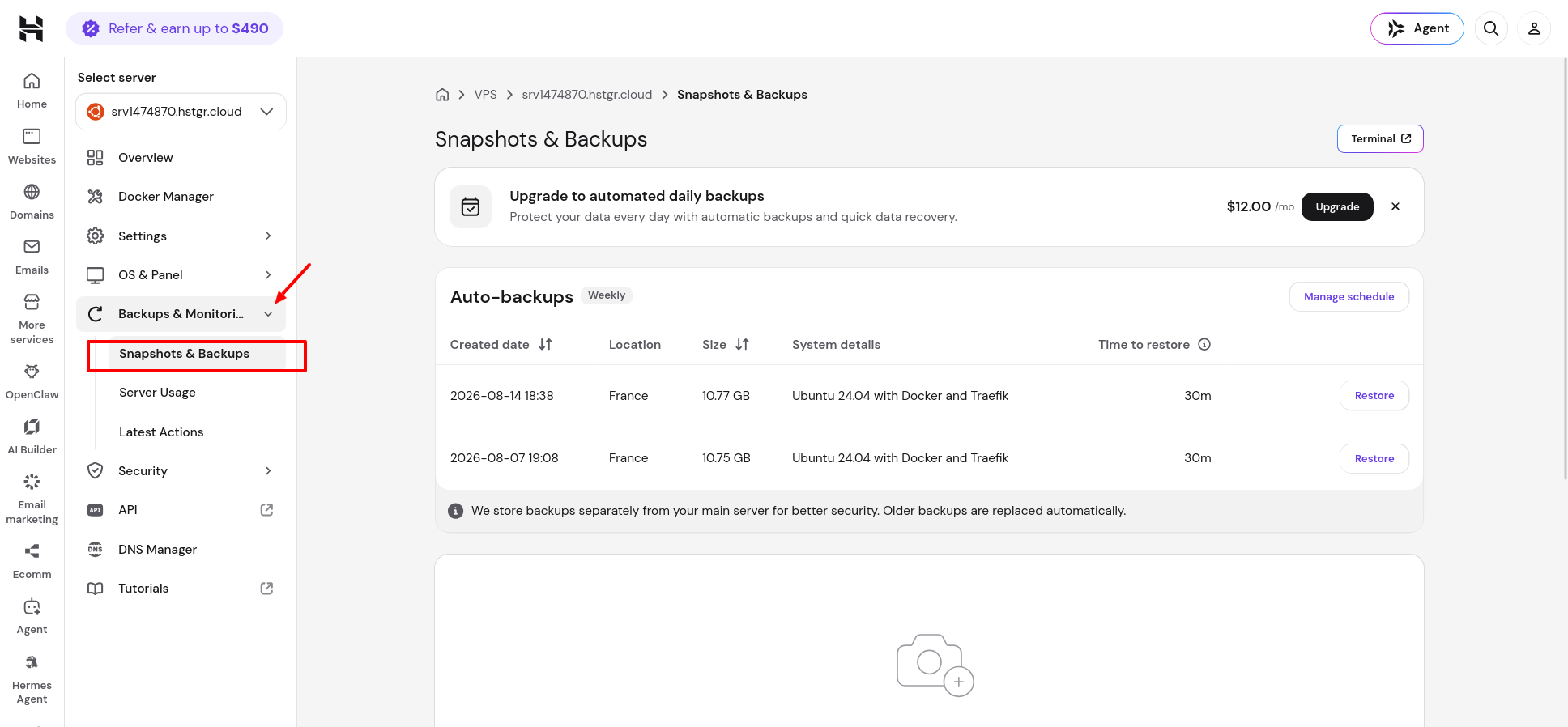 Hostinger VPS Snapshots and Backups page under Backups and Monitoring