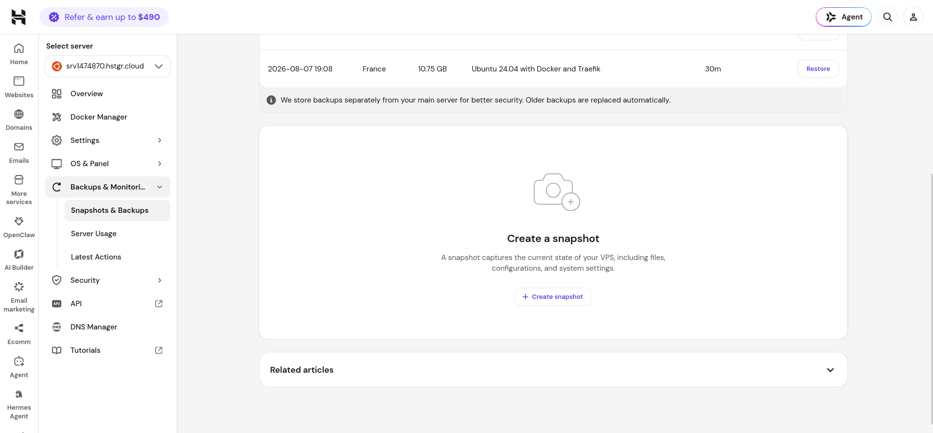 Hostinger VPS manual snapshot section showing the Create snapshot option