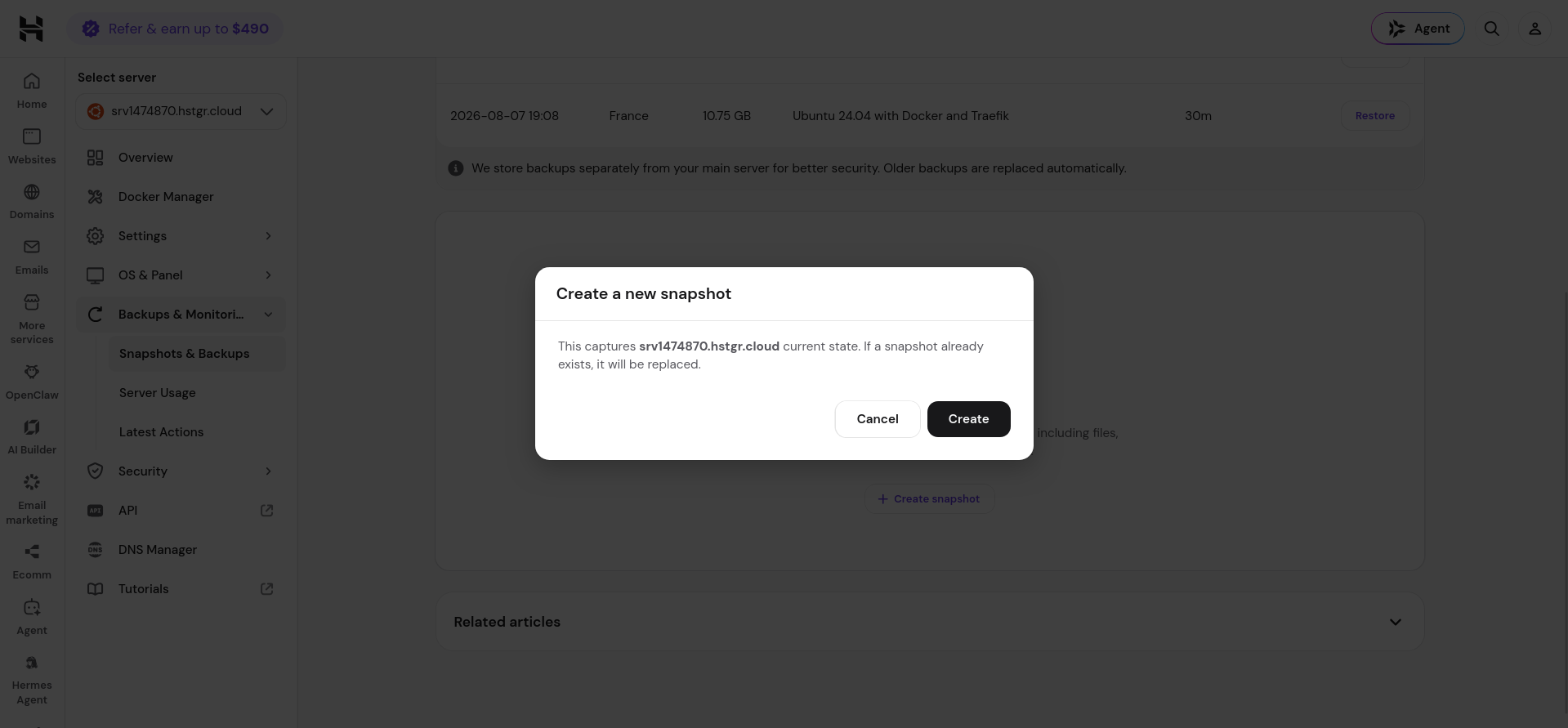 Hostinger VPS Create snapshot confirmation warning that an existing snapshot will be replaced
