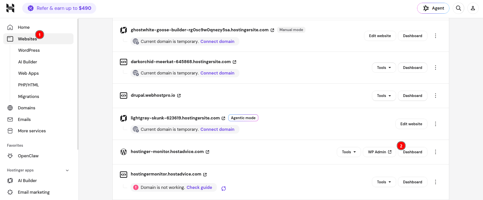 Hostinger hPanel Websites section showing the website dashboard used to manage CDN settings
