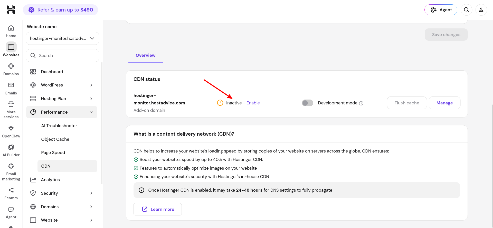 Hostinger hPanel Performance menu showing the CDN option alongside Object Cache and Page Speed