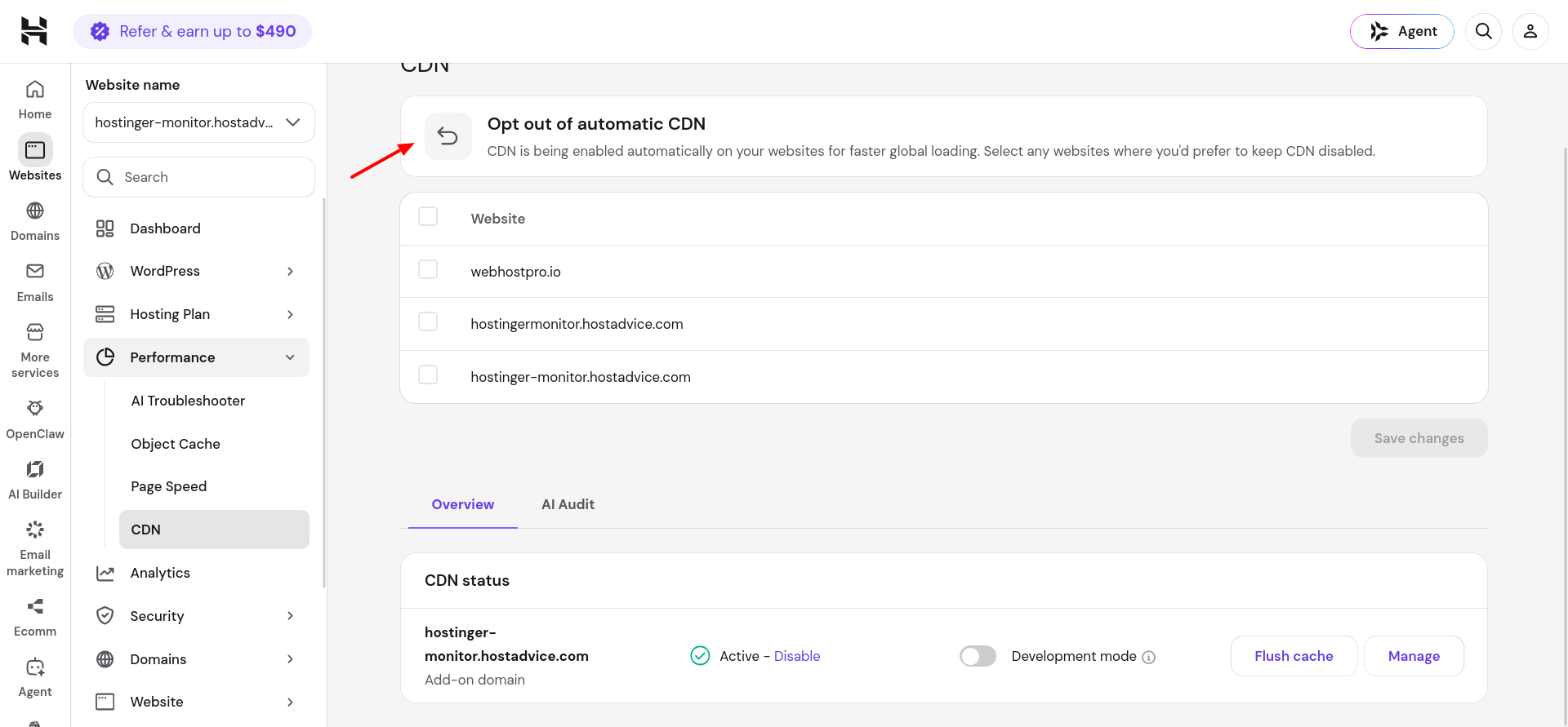 Hostinger hPanel Opt Out of Automatic CDN screen for disabling CDN on selected websites