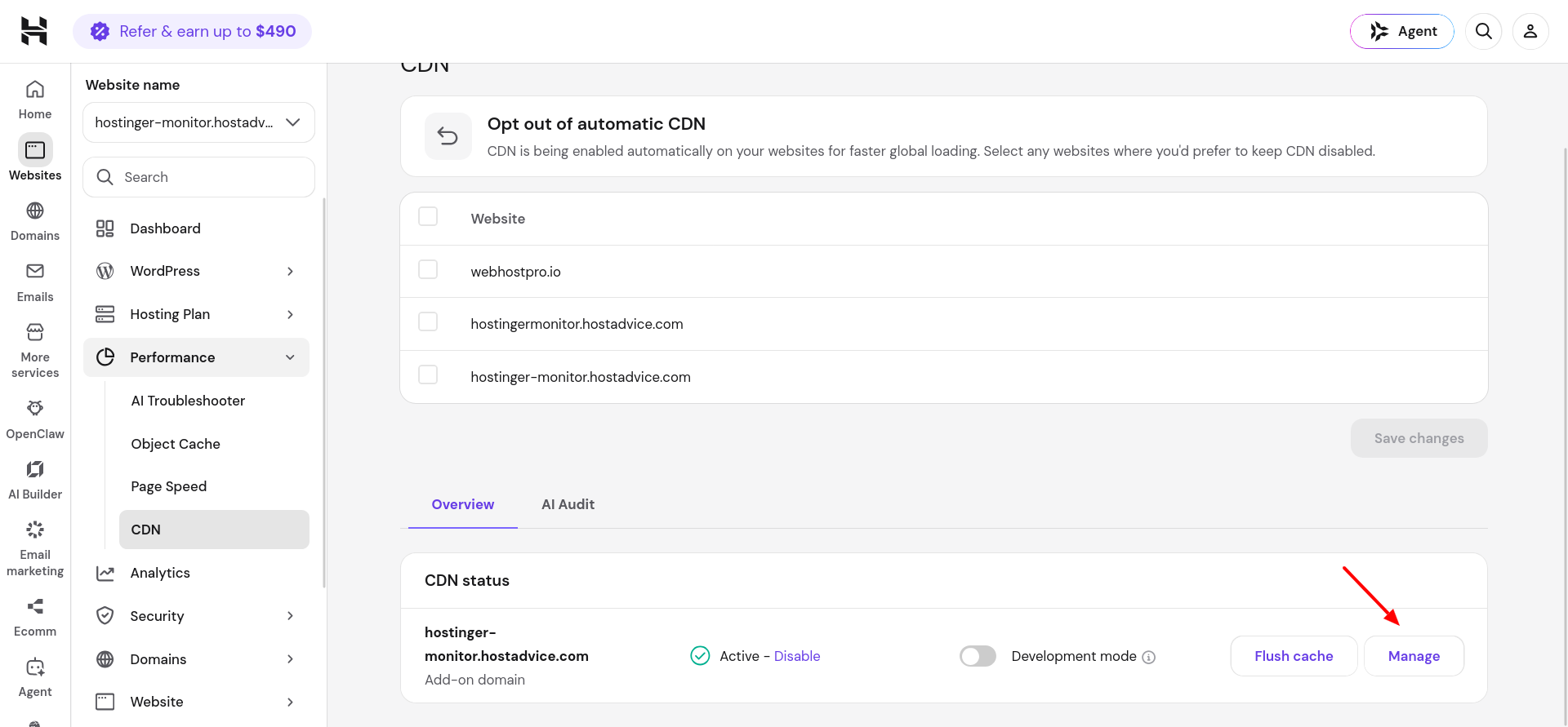 Hostinger CDN management dashboard showing website optimization, traffic blocking, security, and analytics settings