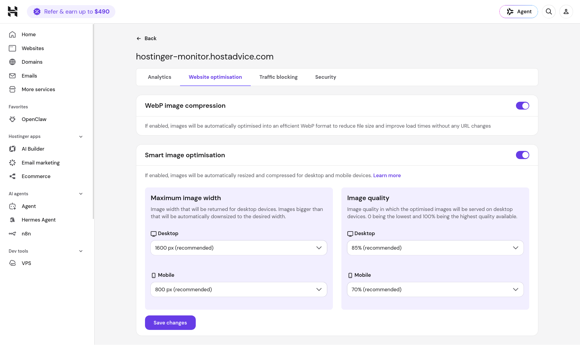Hostinger CDN Website Optimization settings for WebP compression and smart image optimization