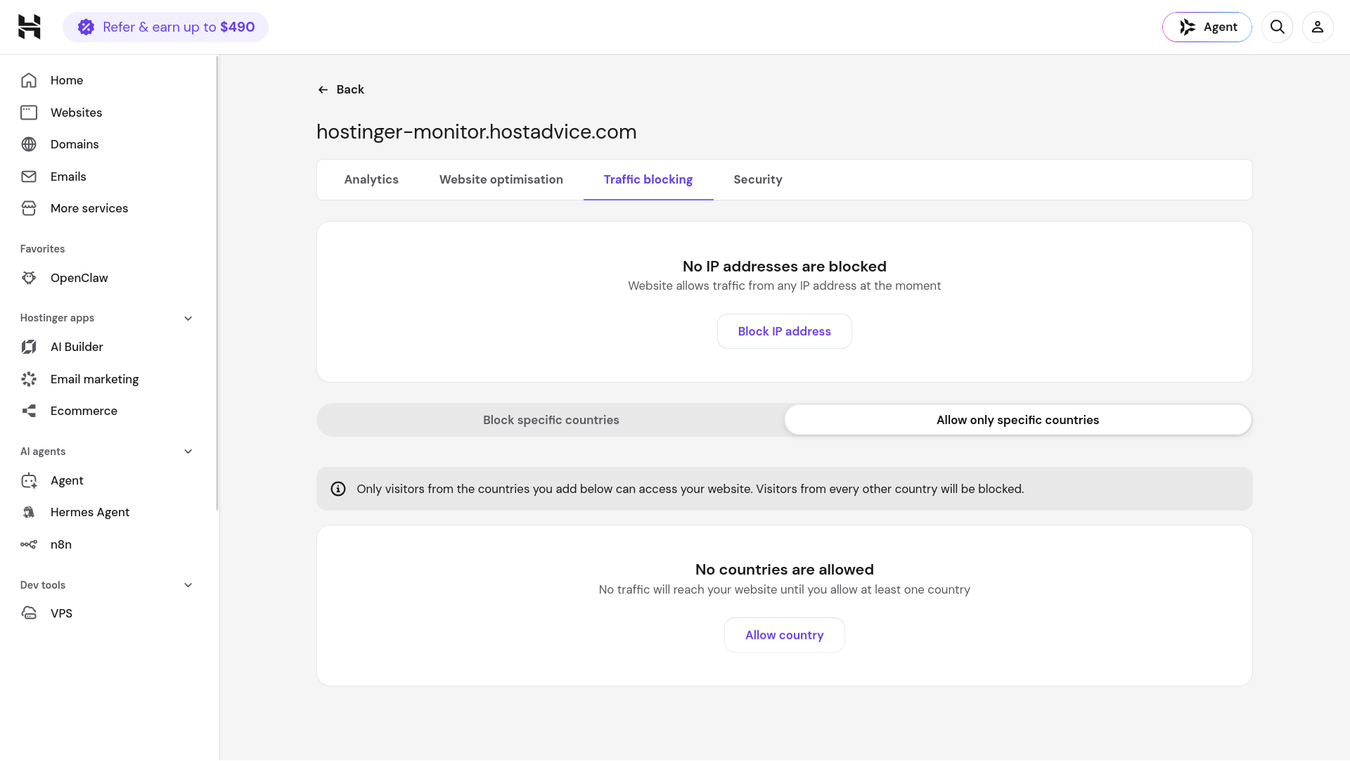 Hostinger CDN Traffic Blocking settings for blocking IP addresses and controlling country access