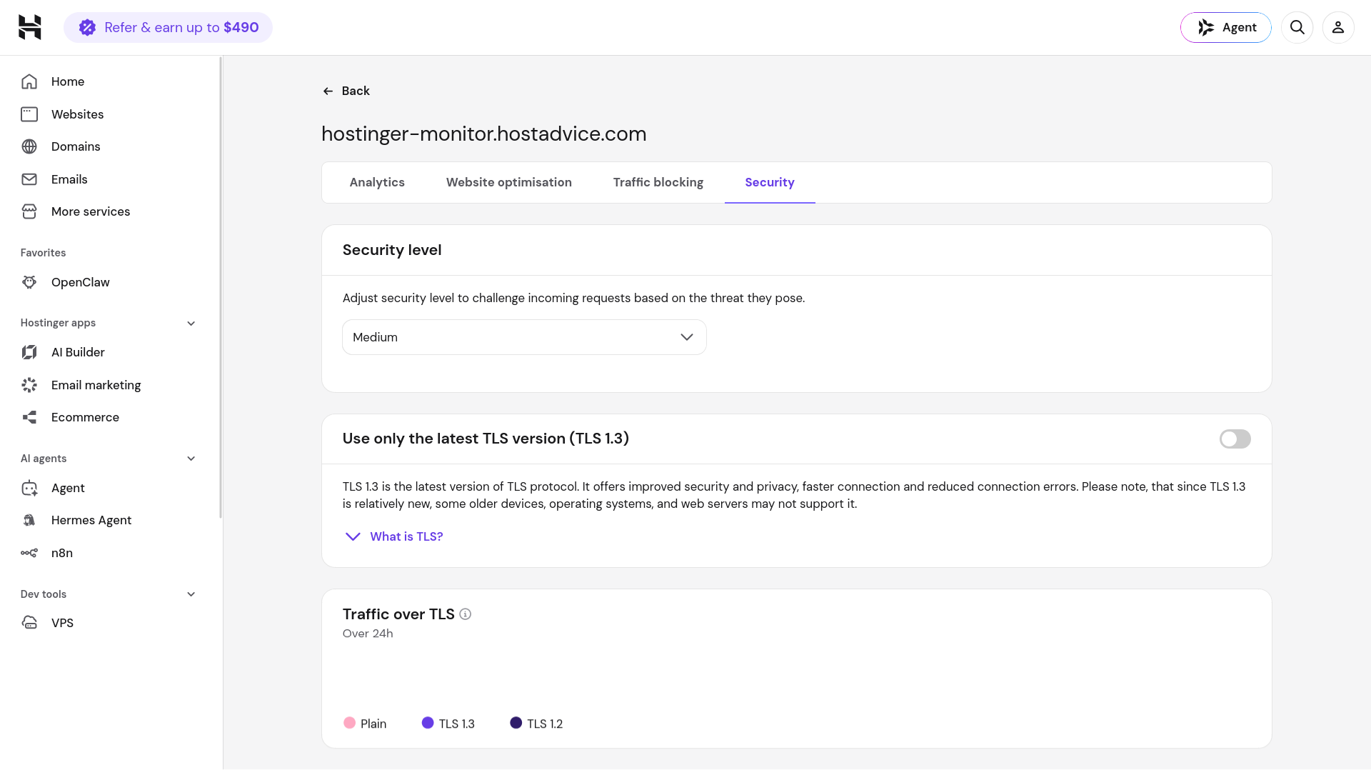 Hostinger CDN Security settings showing security level, TLS 1.3, and traffic over TLS statistics