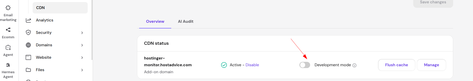 Hostinger CDN status page showing the Development Mode toggle for temporarily bypassing cache