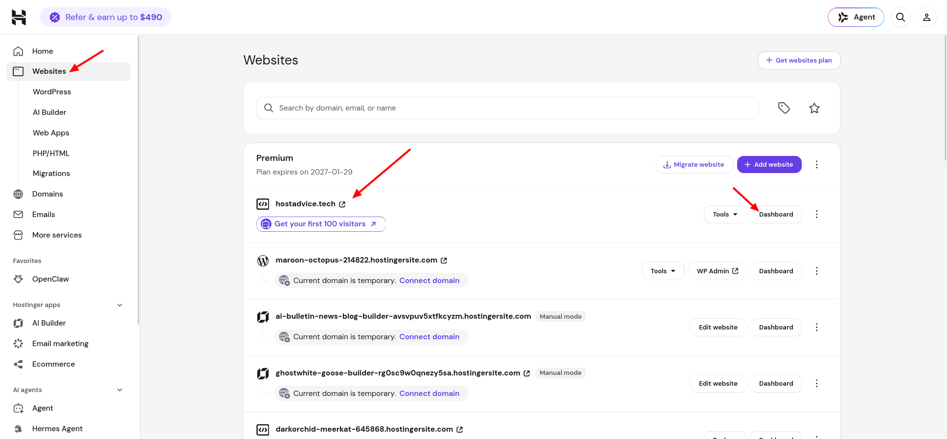 Hostinger Websites page showing the Premium hosting plan and Drupal site