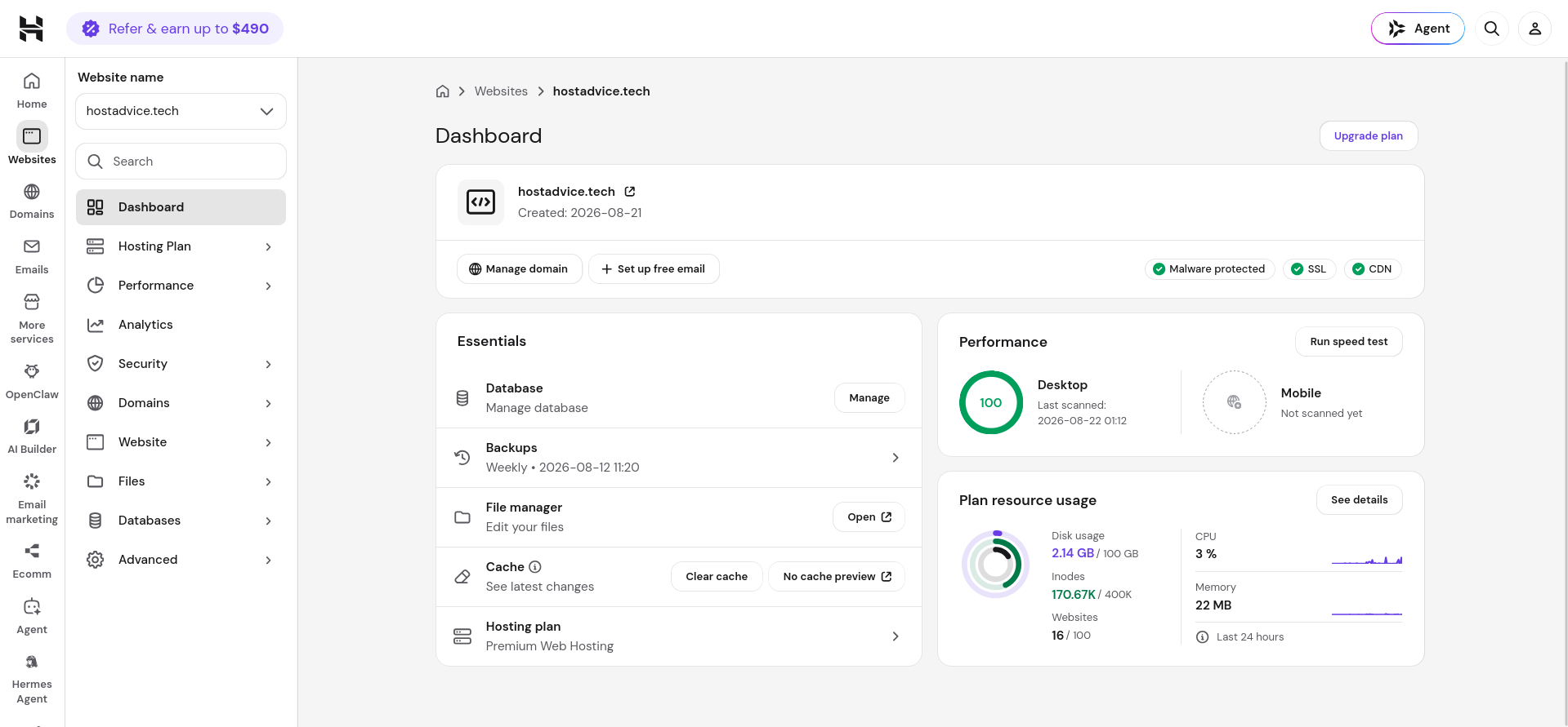 Hostinger Drupal site management dashboard with malware SSL and CDN status