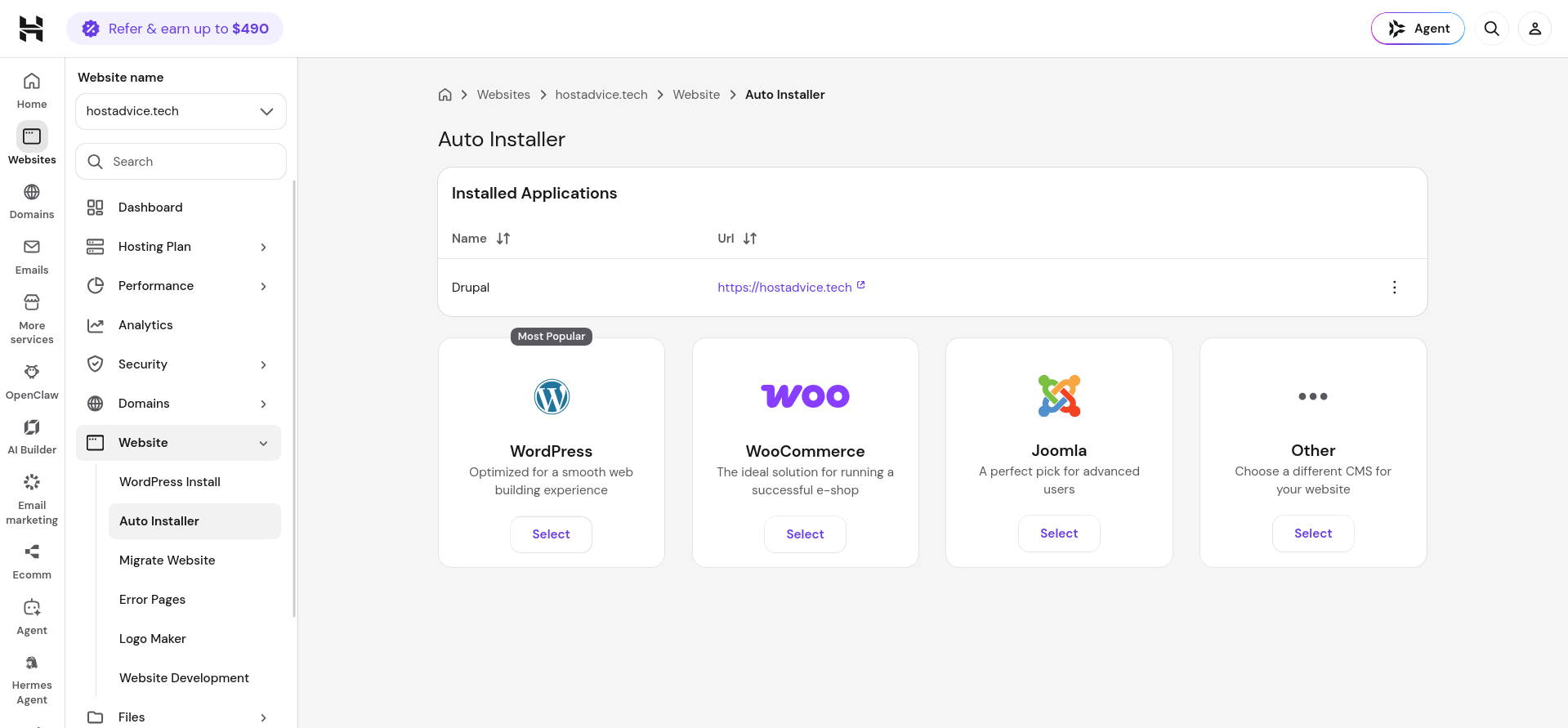 Hostinger Auto Installer showing Drupal installed automatically