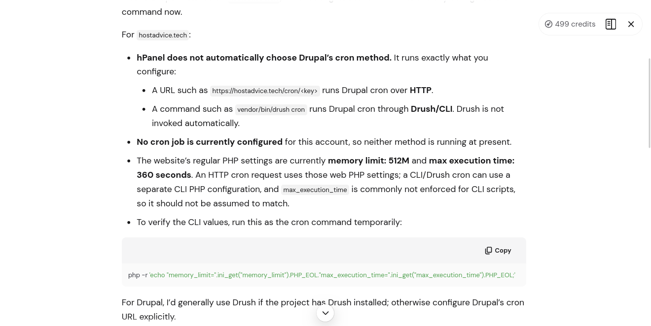 Hostinger Kodee live chat answer about Drupal cron and PHP limits