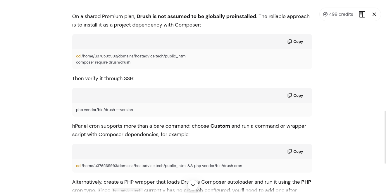 Hostinger Kodee follow-up answer about Drush Composer and custom cron jobs