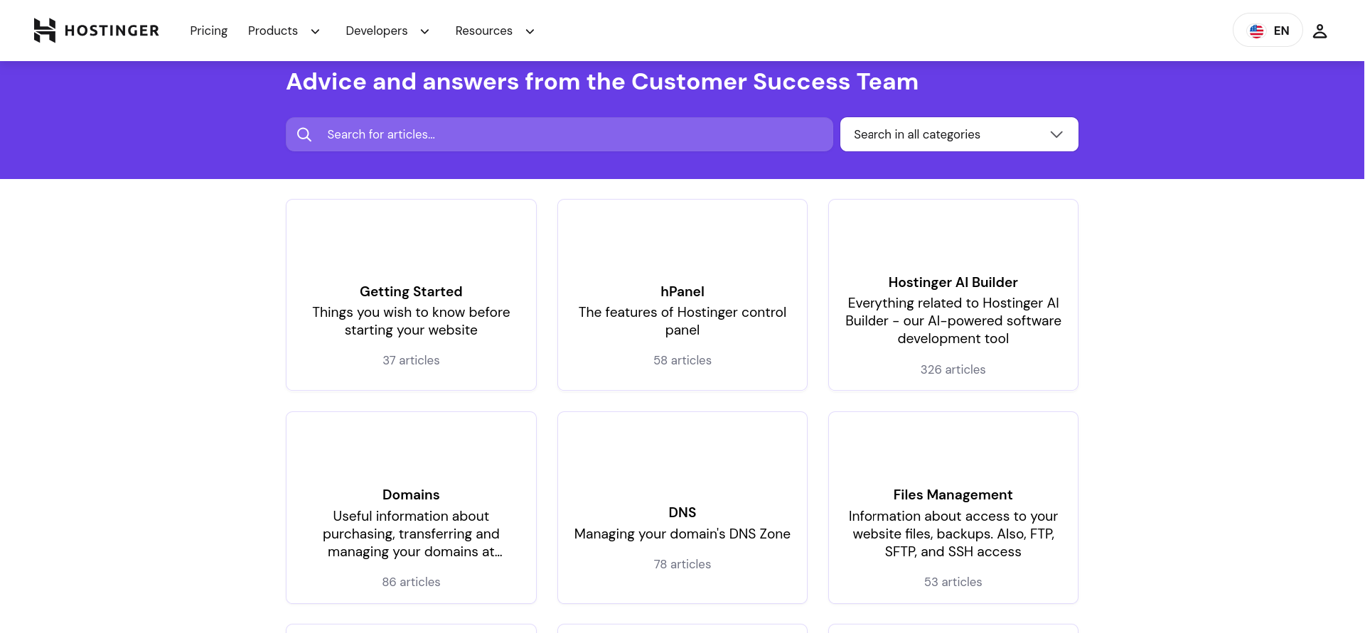 Hostinger Help Center categories page