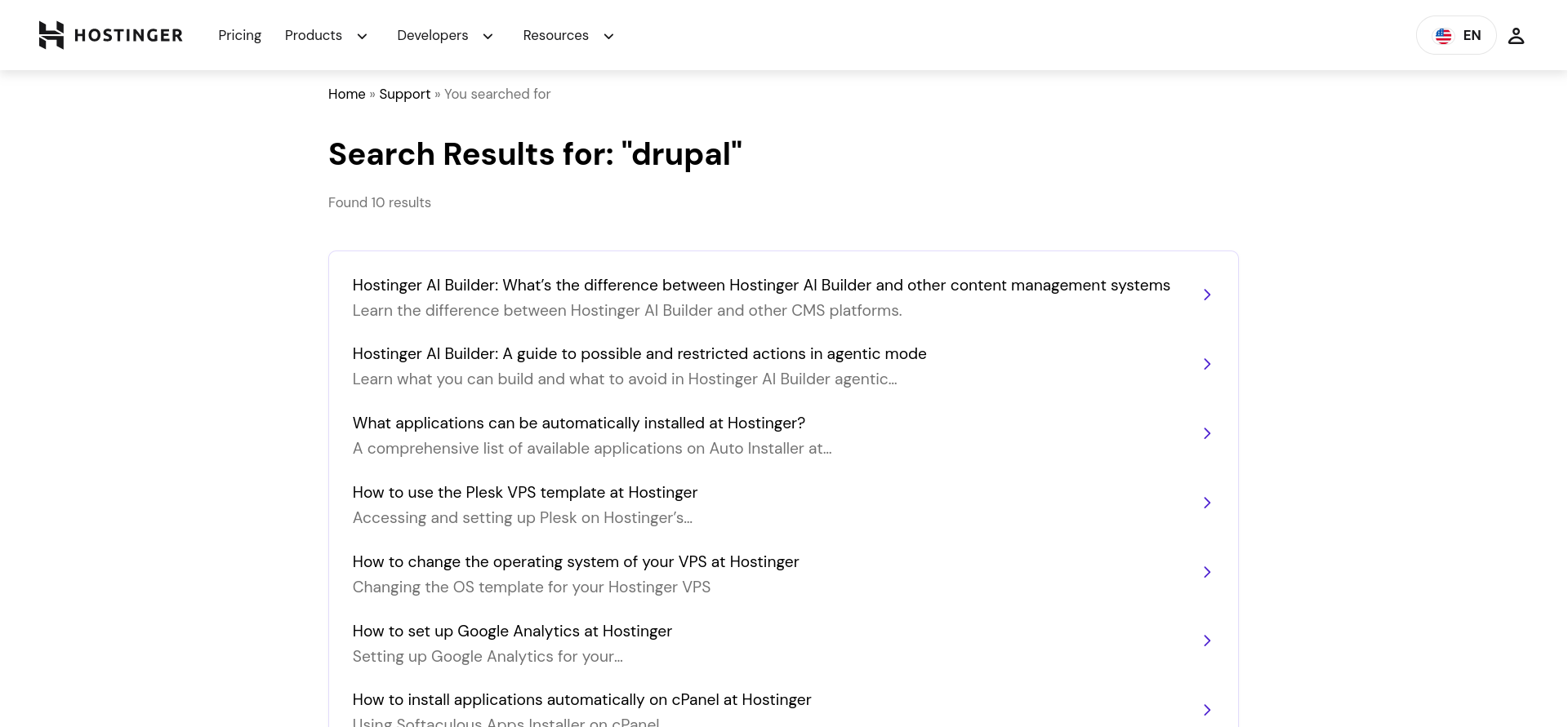 Hostinger Help Center search results for Drupal