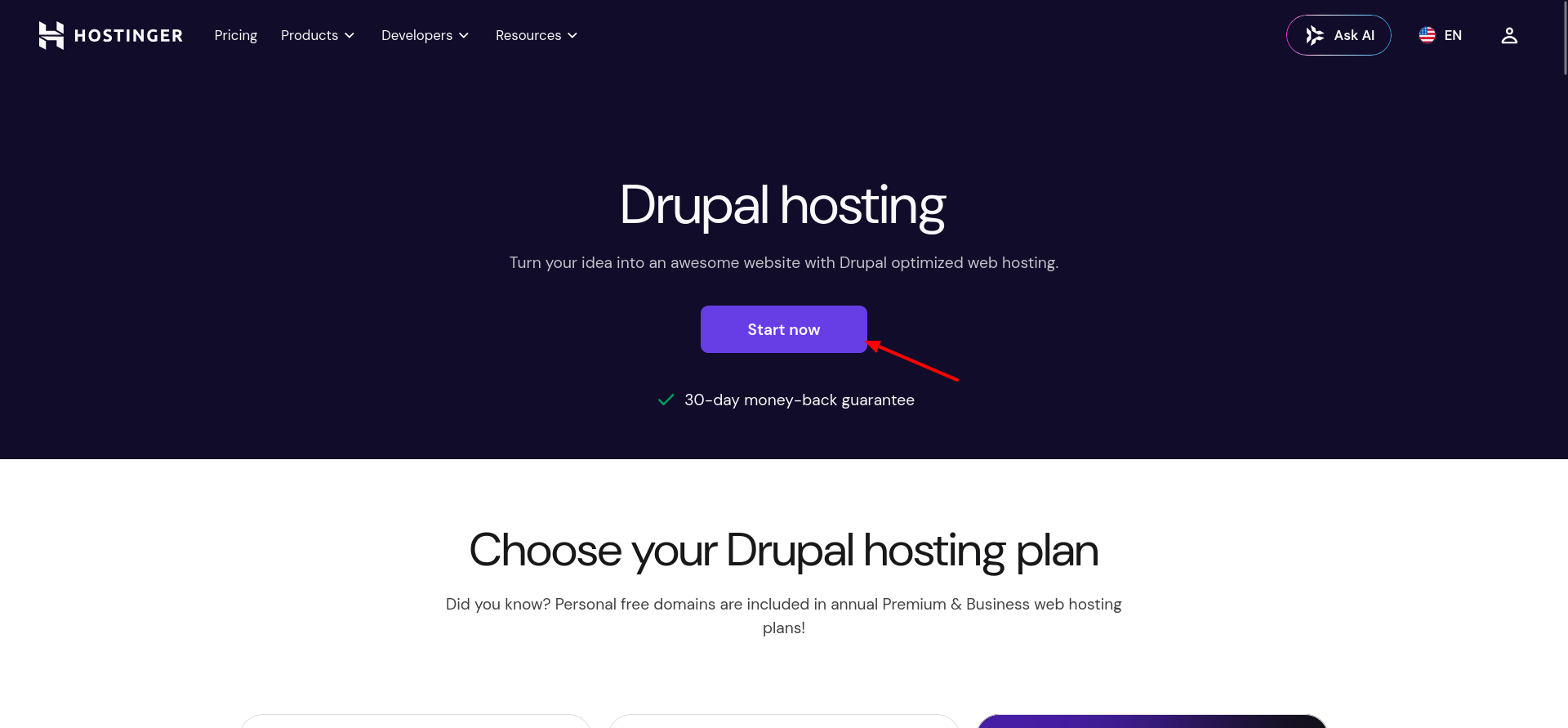 Hostinger Drupal hosting landing page with Start now button