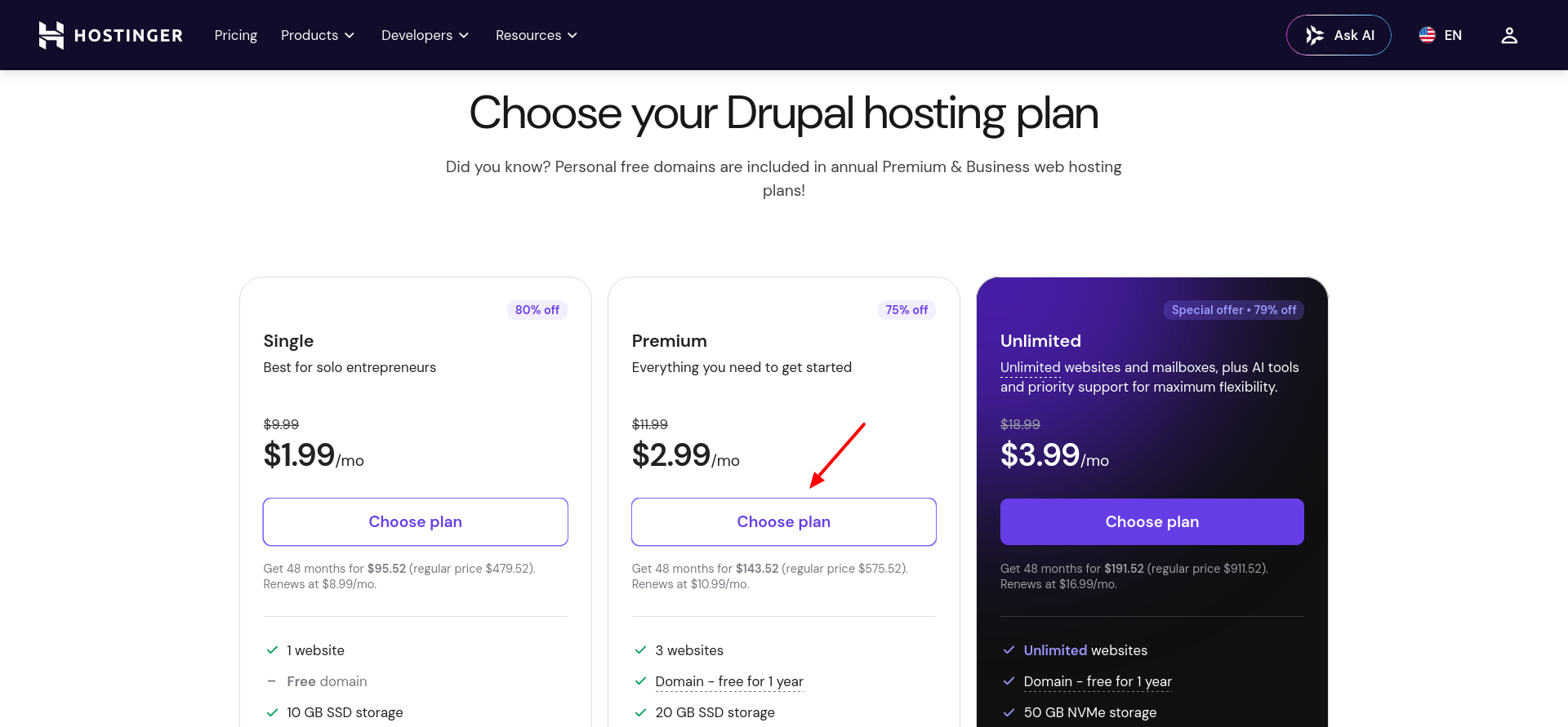 Hostinger Drupal hosting pricing plans for Single Premium and Unlimited tiers