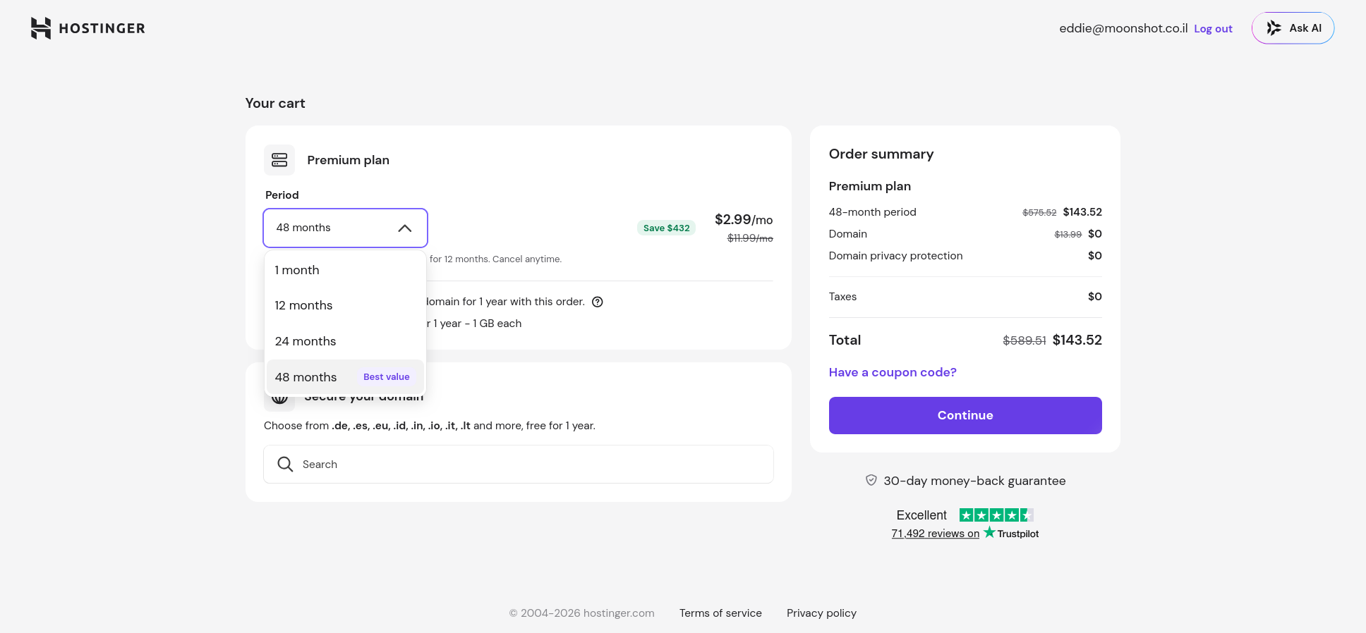 Hostinger Drupal hosting billing period options at checkout
