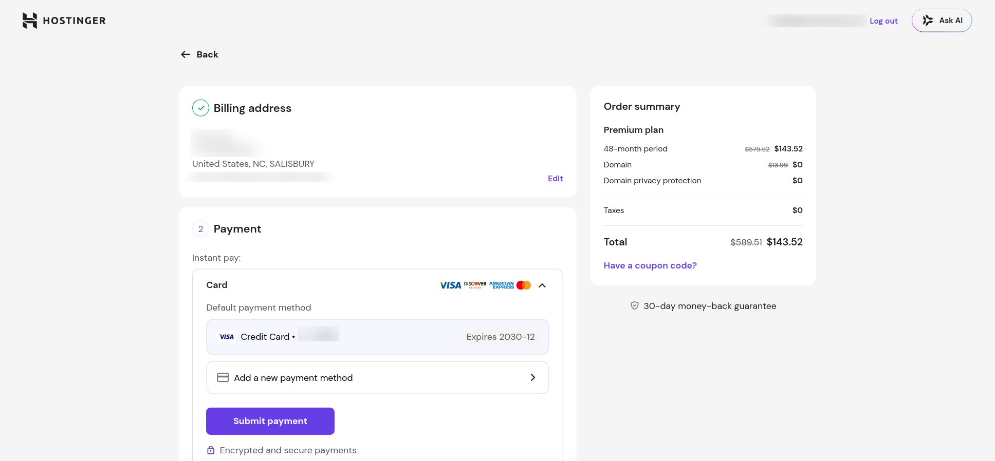 Hostinger Drupal hosting available payment methods at checkout