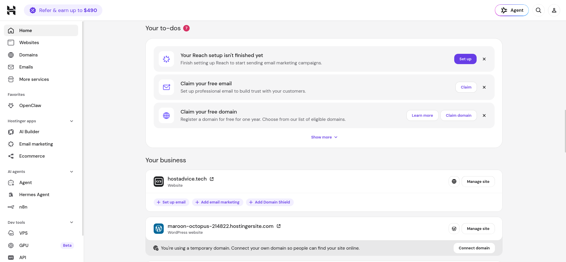Hostinger hPanel account dashboard promotional panels and shortcuts