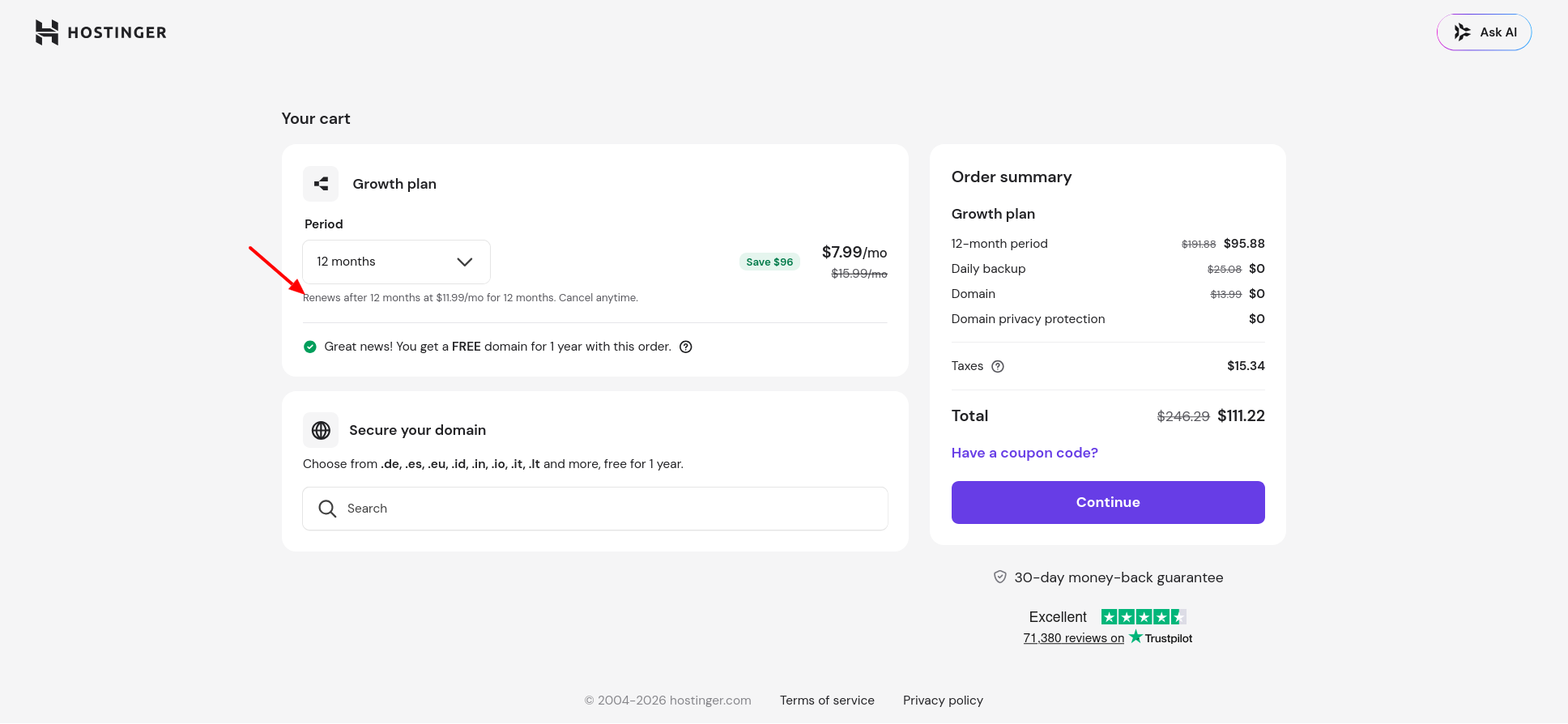 Hostinger Ecommerce Growth plan checkout showing 12-month billing period selected by default