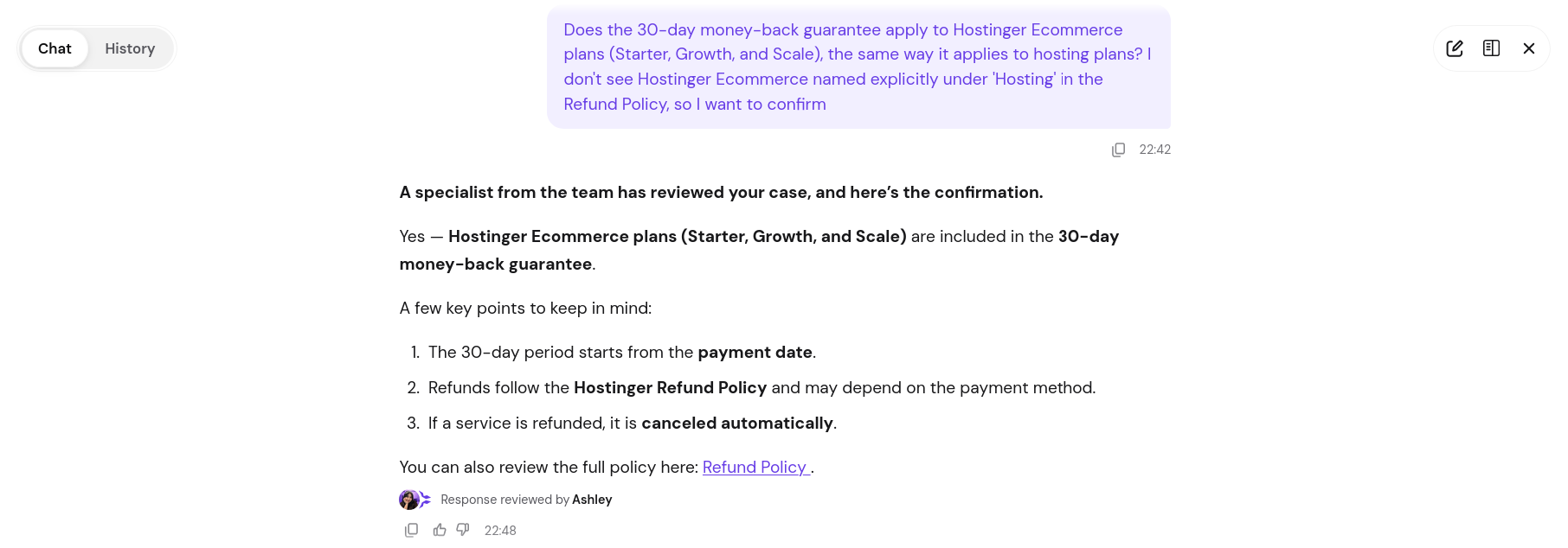 Hostinger support specialist confirming 30-day money-back guarantee for Starter Growth and Scale Ecommerce plans