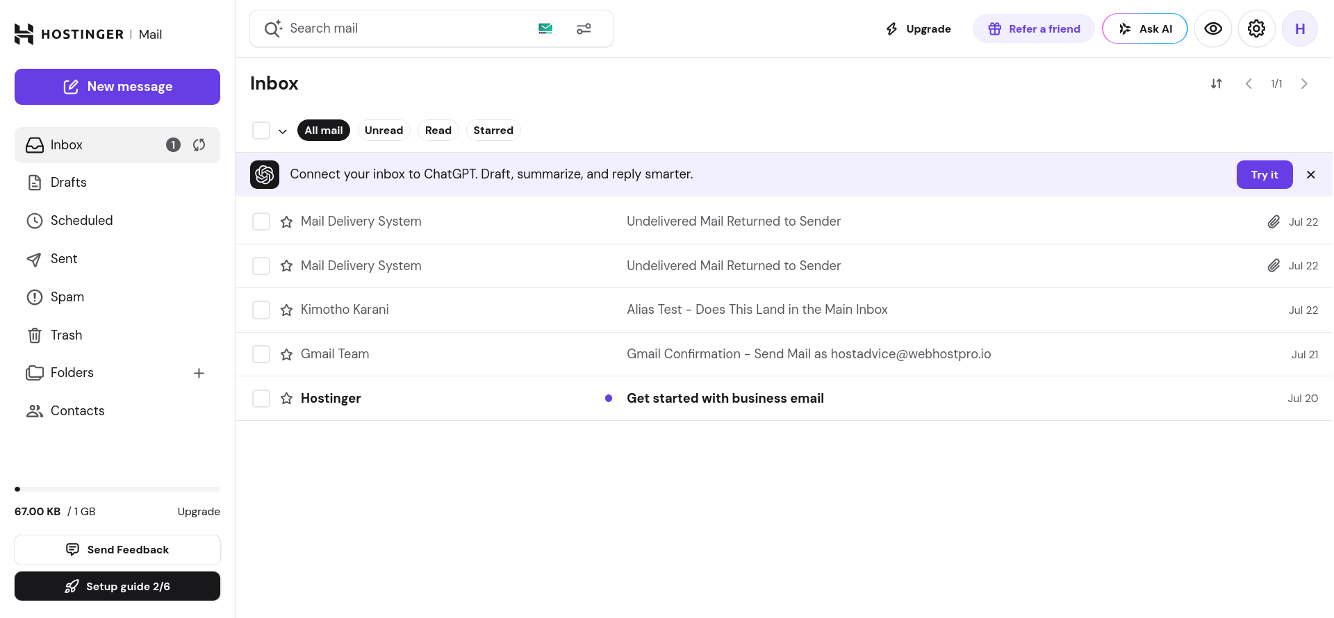 New Hostinger Webmail interface without an email export option