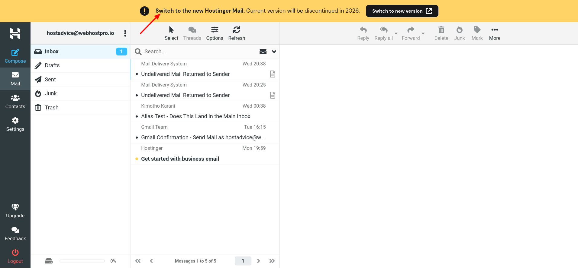 Hostinger old Webmail discontinuation warning banner
