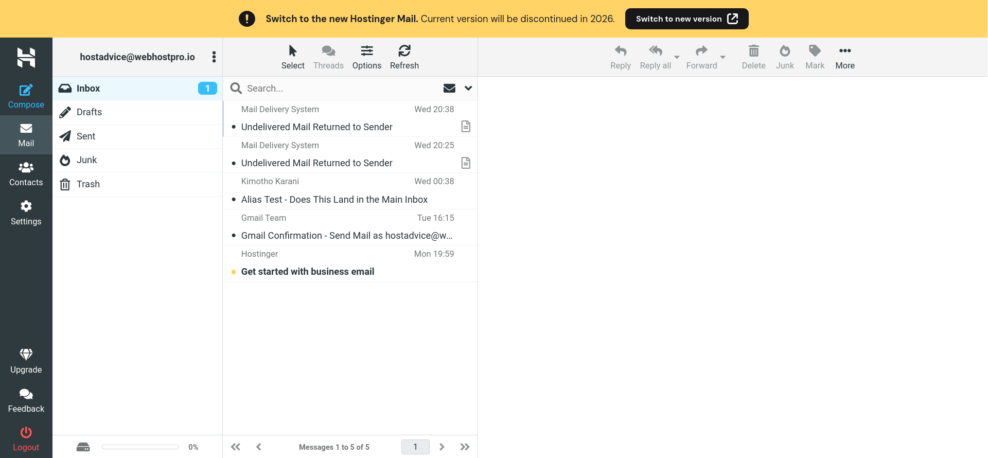 Hostinger old Webmail interface opened through the direct URL