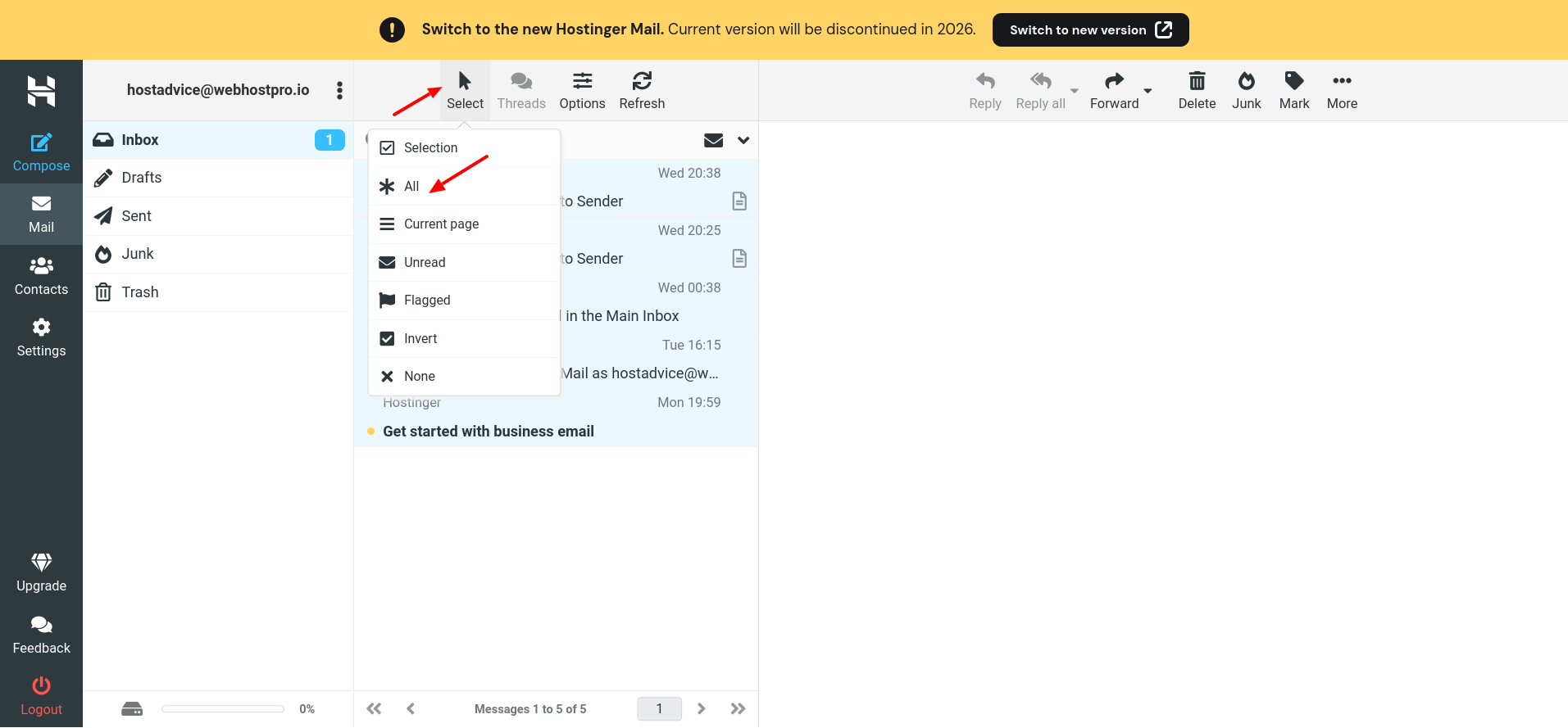 All messages selected in the Hostinger old Webmail inbox