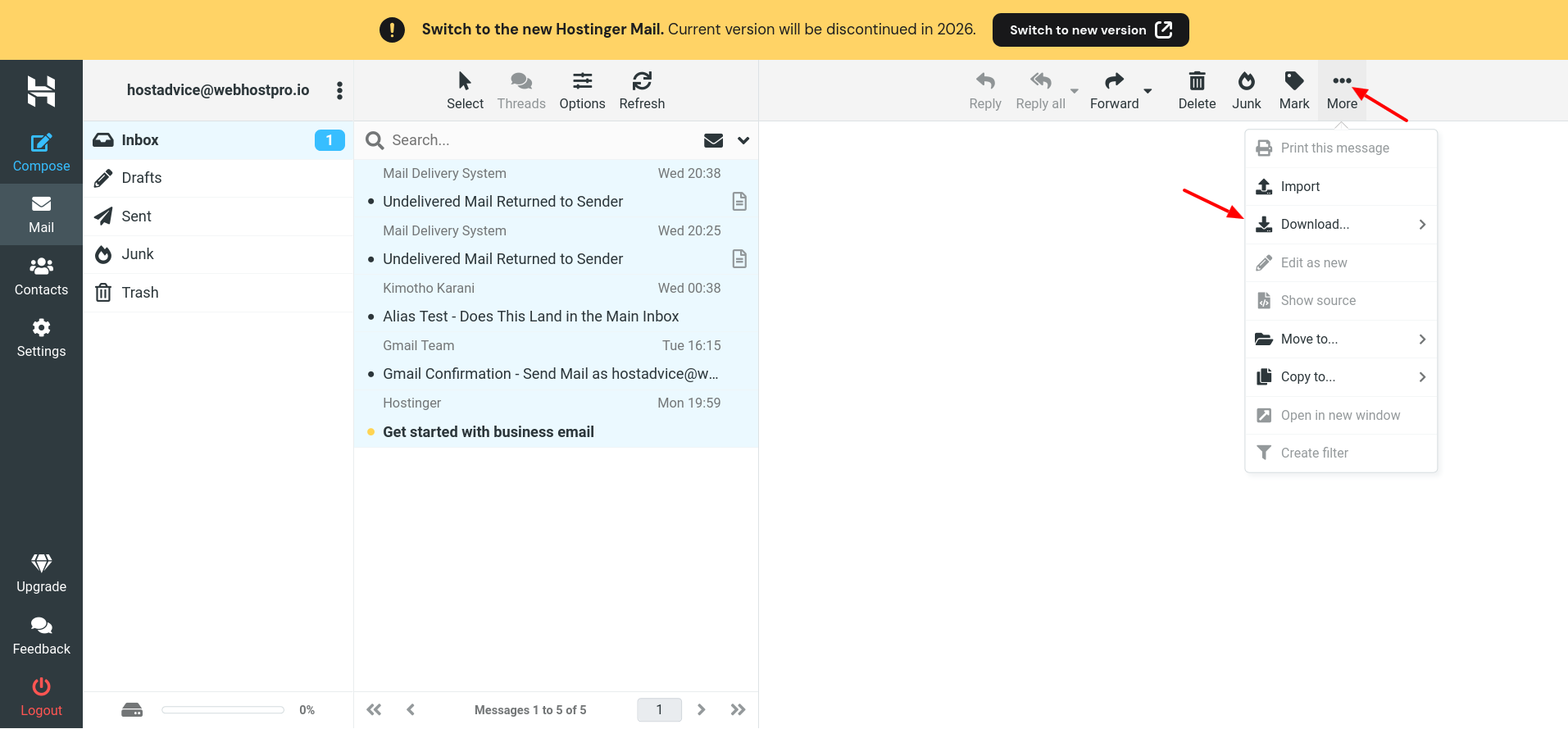 Hostinger Webmail Download menu showing EML, Mbox, and Maildir export formats