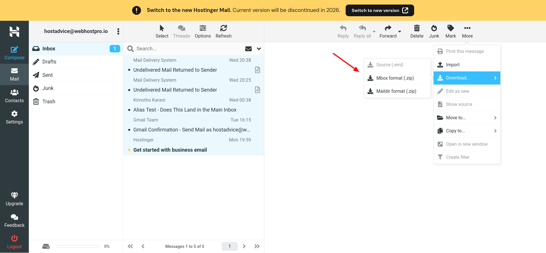 Hostinger Mbox email export downloaded as an INBOX zip file