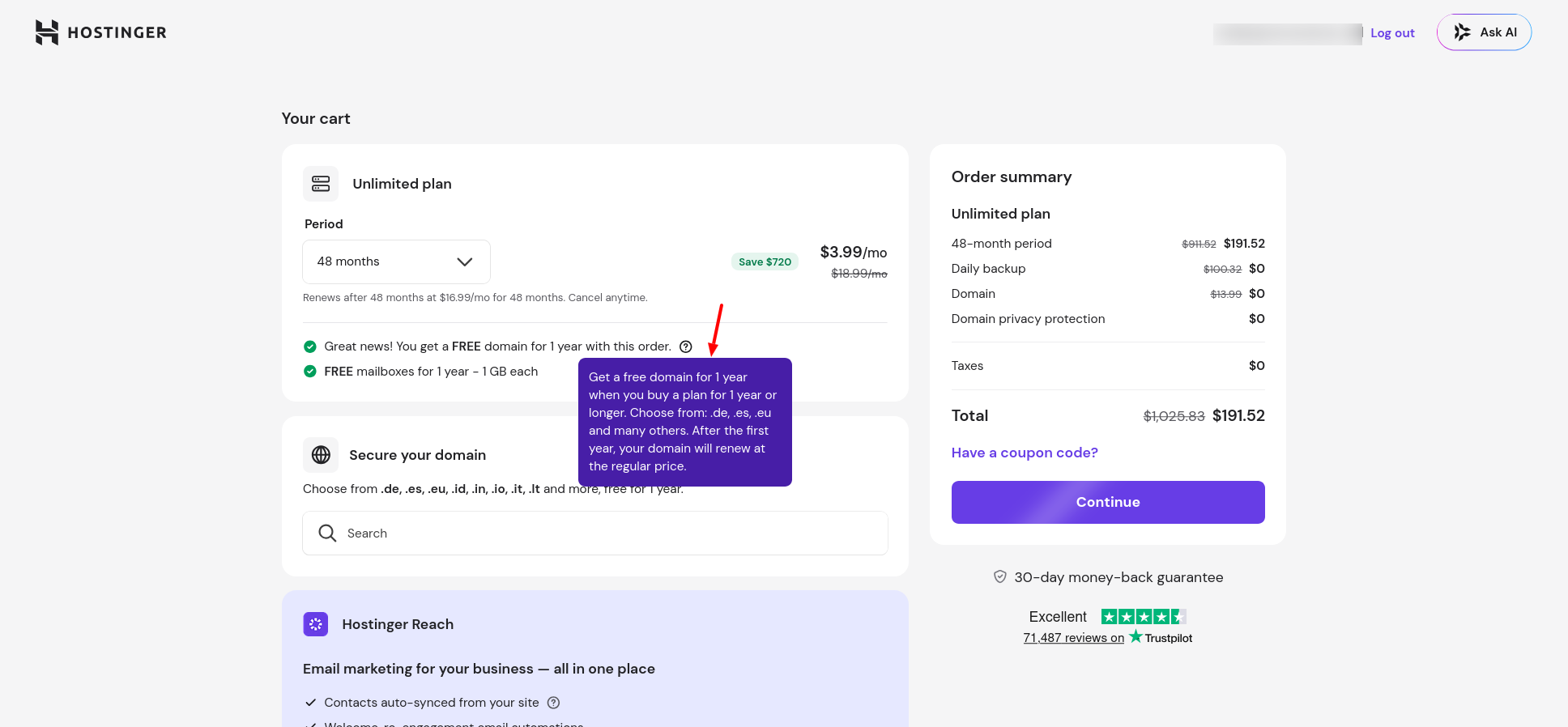 Hostinger checkout showing the free domain offer and 12-month minimum billing term