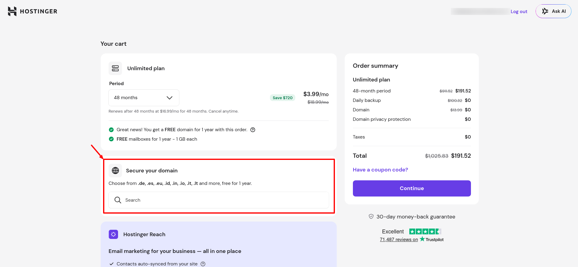 Hostinger checkout Secure your domain search box for claiming a free domain