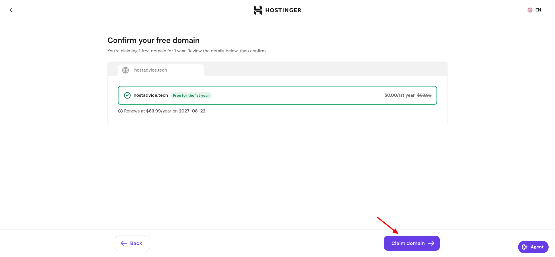 Hostinger free domain confirmation showing zero cost for the first year and the future renewal price