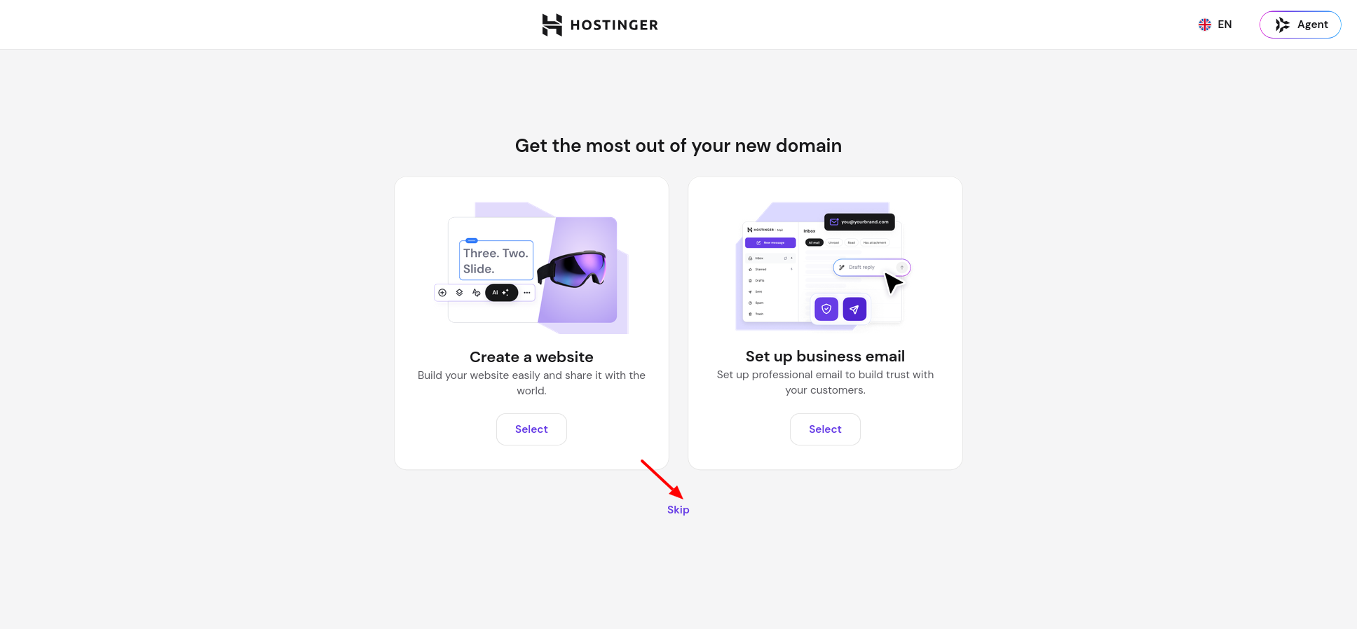Hostinger free domain setup screen offering website and business email connection options