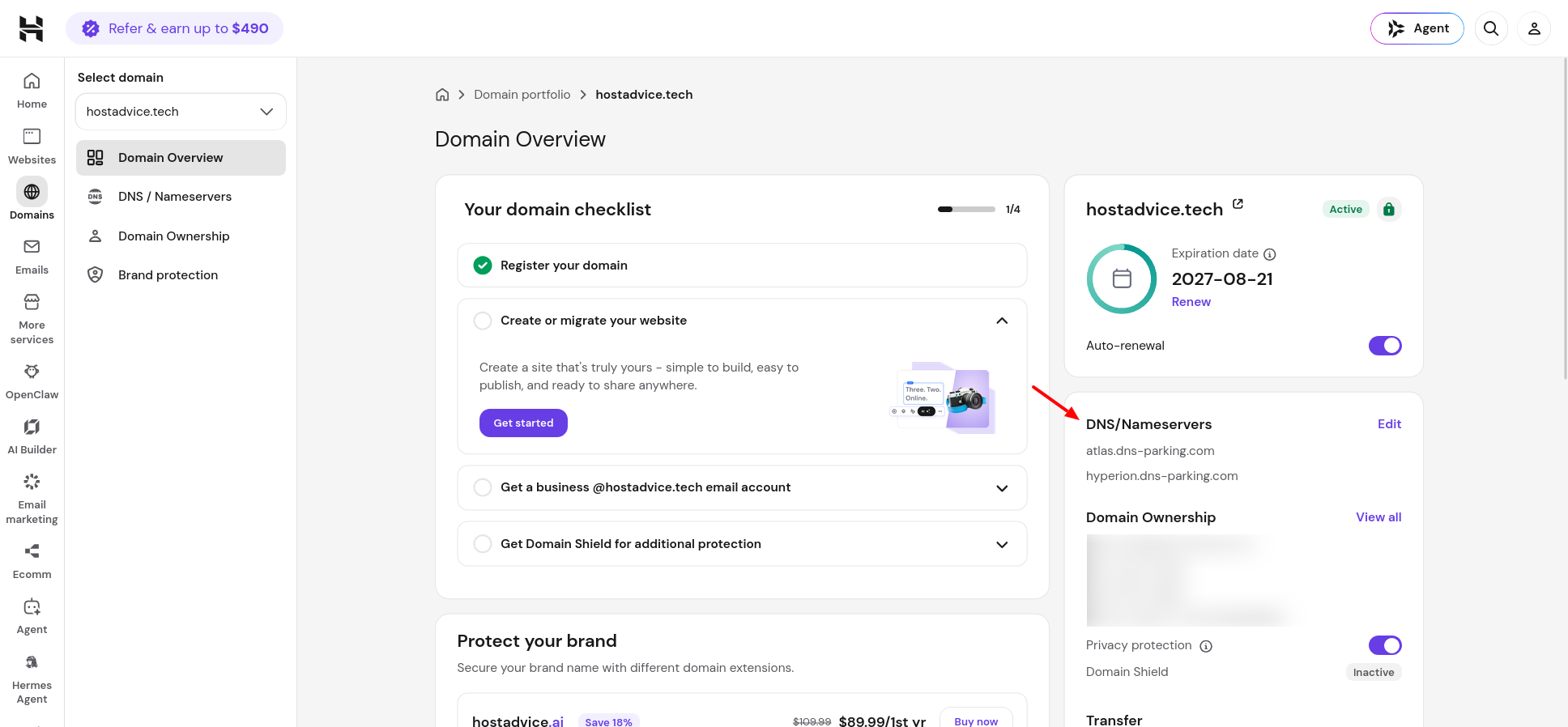 Hostinger domain management page showing DNS and dns-parking.com nameserver values