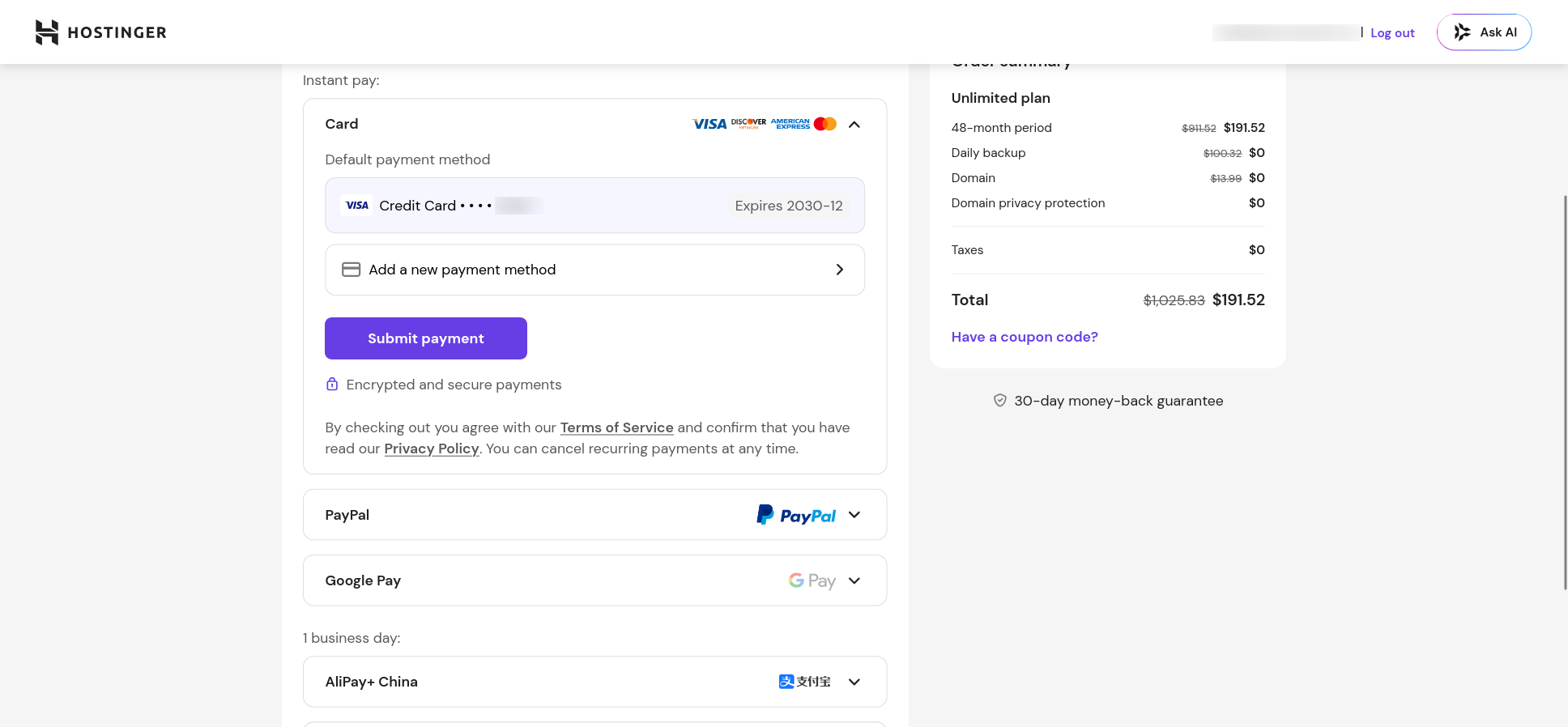 Hostinger hosting checkout page showing billing address and payment fields required before purchase