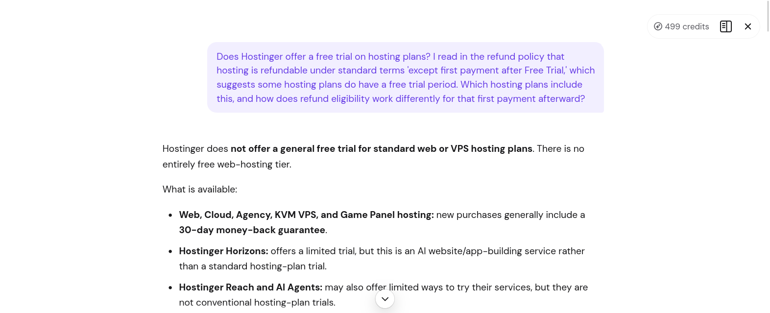 Hostinger Kodee support response discussing free trial availability for Horizons, Reach, and AI Agents