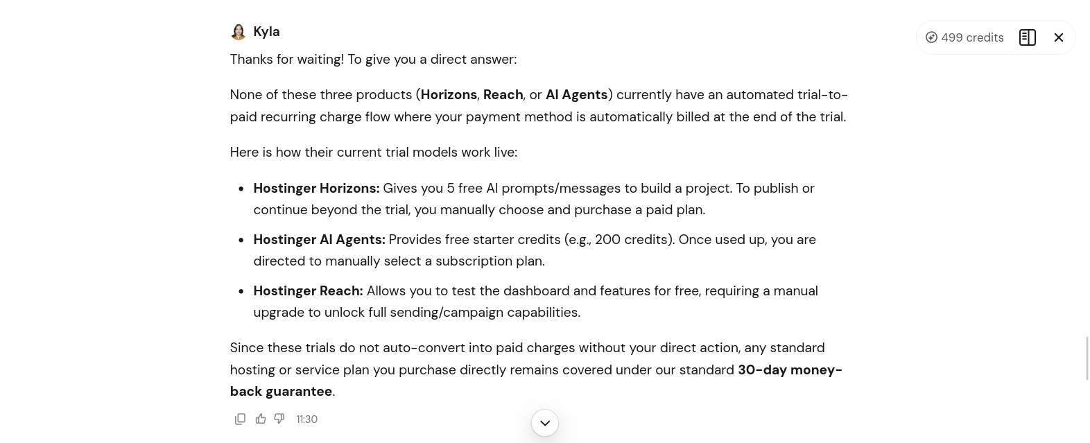 Hostinger human support response explaining free allowances and manual upgrades for Horizons, Reach, and AI Agents