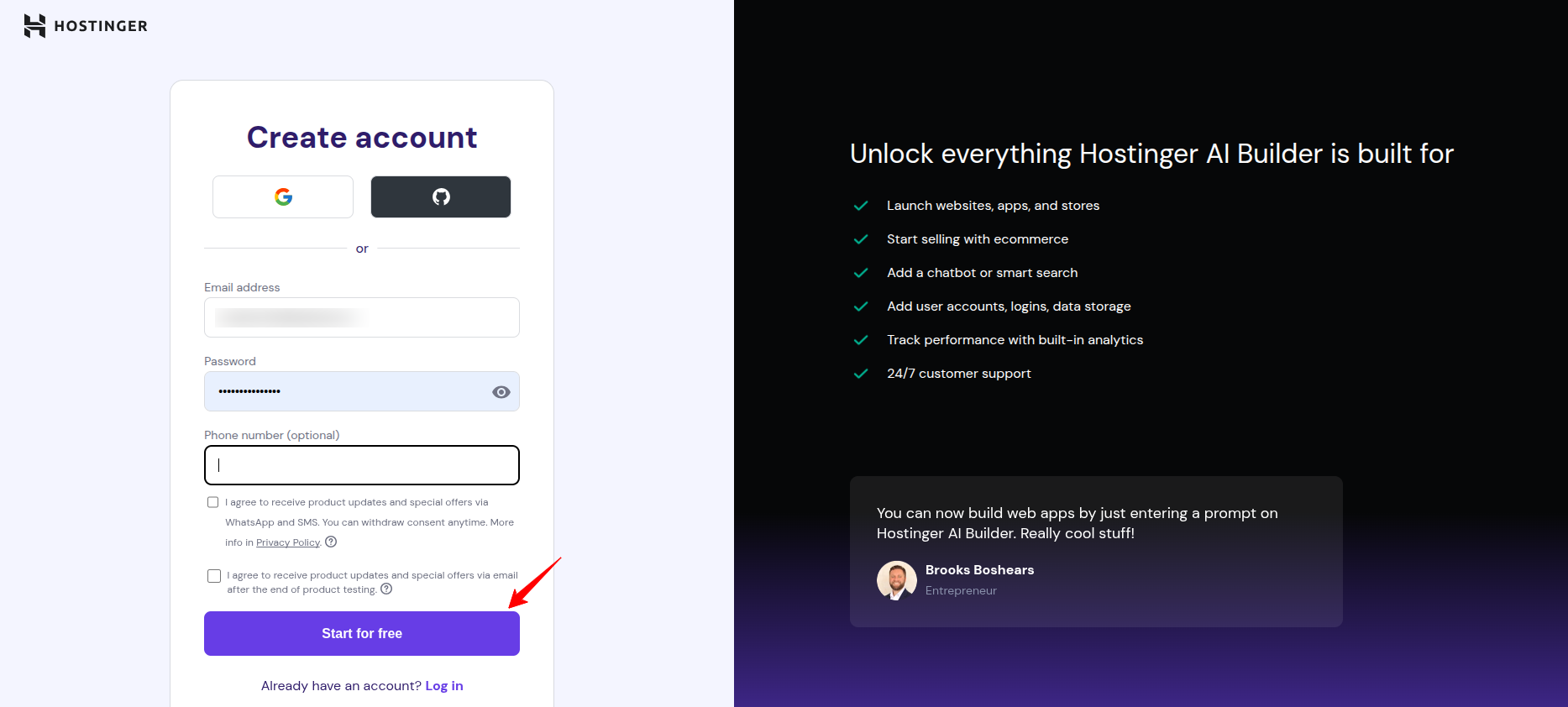 Hostinger AI Builder signup form showing email, password, and phone number fields with no payment information required