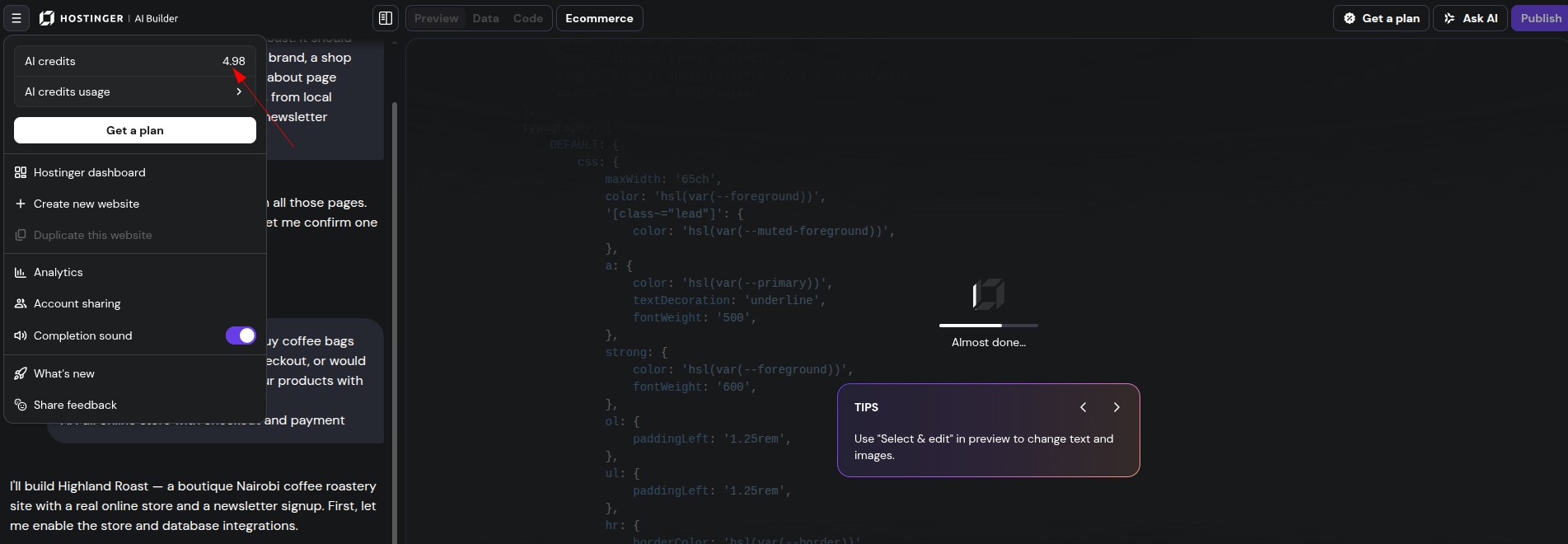 Hostinger AI Builder dashboard showing remaining AI credits counter and Get a plan option in the menu