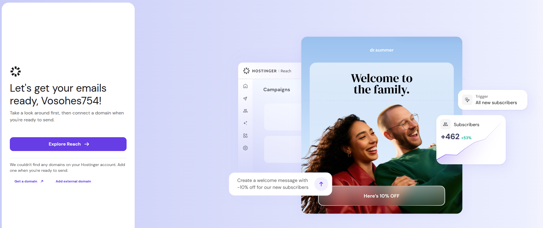 Hostinger Reach welcome dashboard confirming no payment method is required to get started