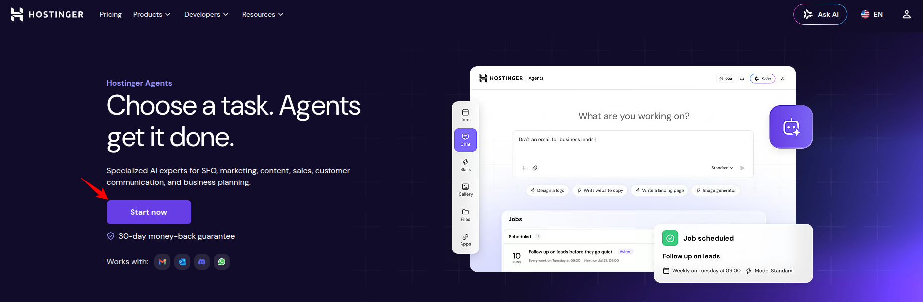 Hostinger AI Agents landing page showing Start now button and 30-day money-back guarantee